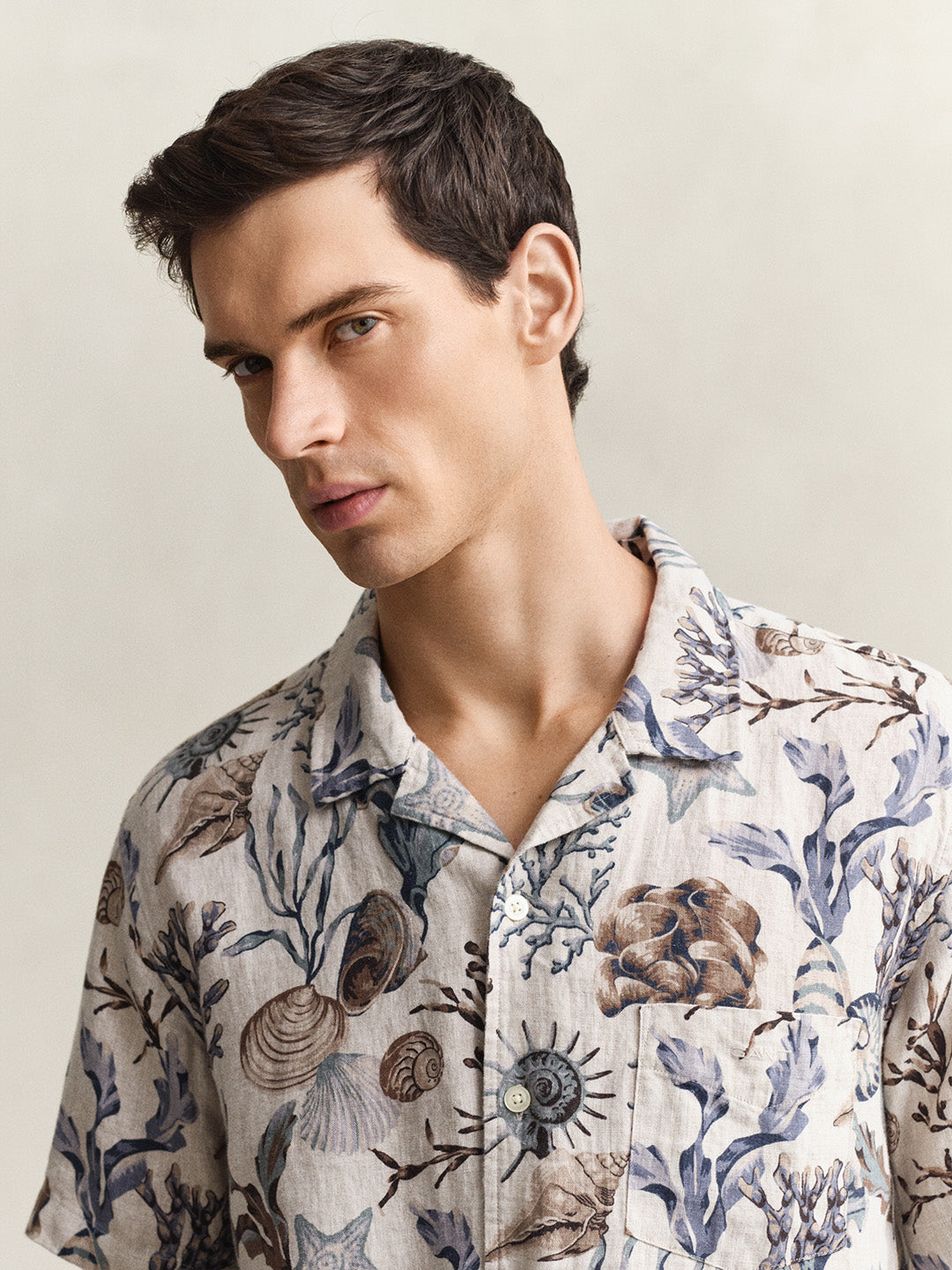 GANT Men Beige Printed Floral Linen Shirt