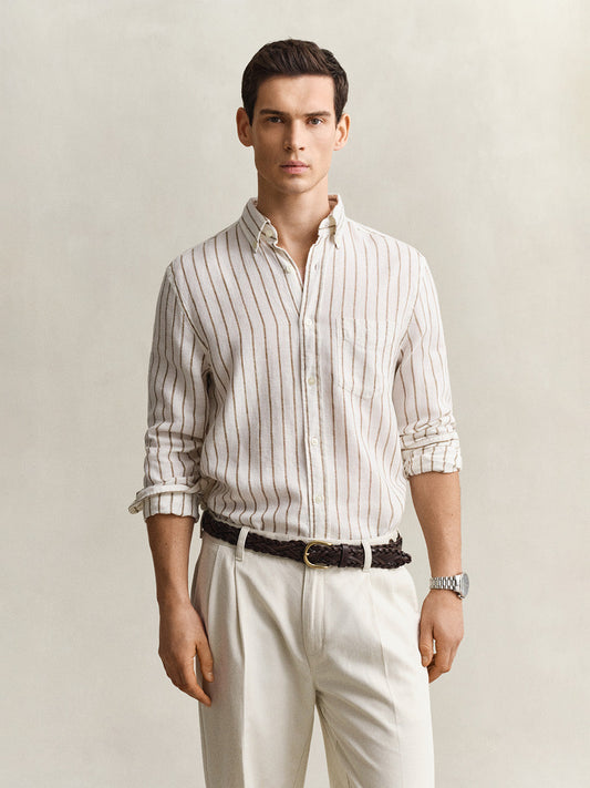 Gant Men Cream Striped Regular Fit Linen Shirt