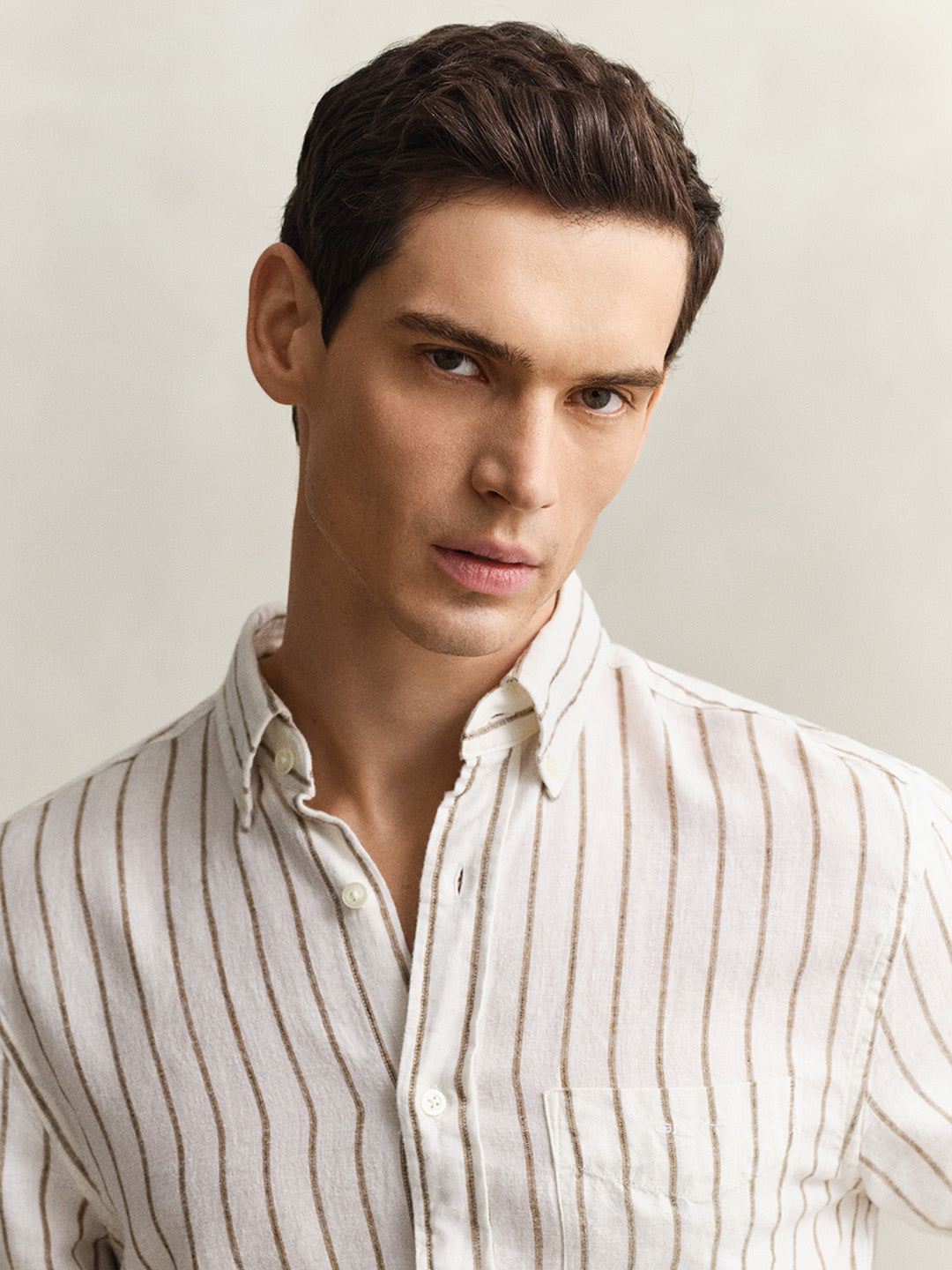 Gant Men Cream Striped Regular Fit Linen Shirt