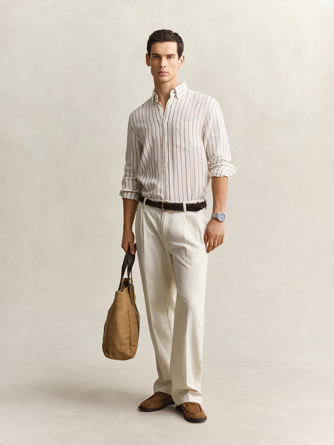 Gant Men Cream Striped Regular Fit Linen Shirt