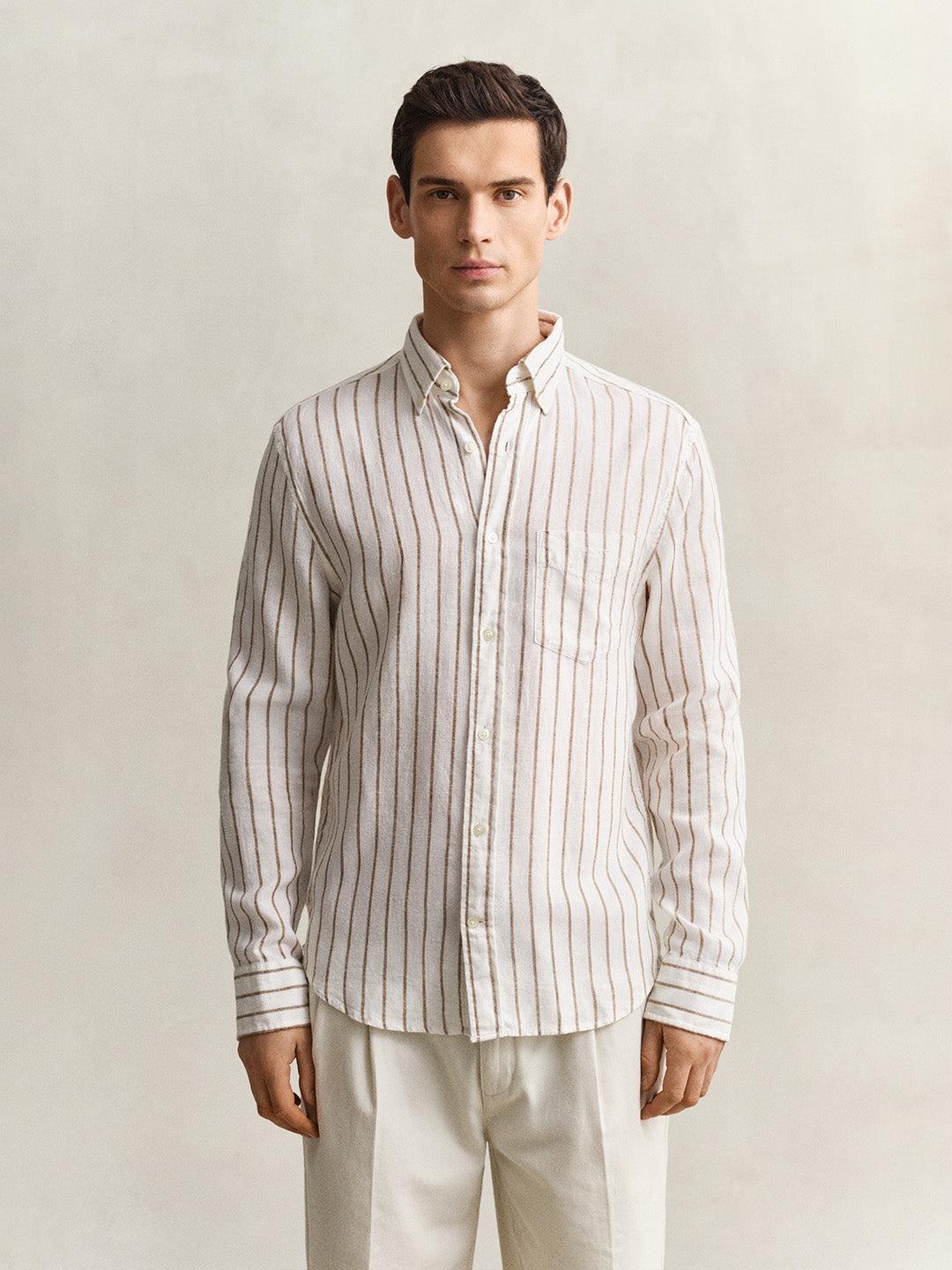 Gant Men Cream Striped Regular Fit Linen Shirt