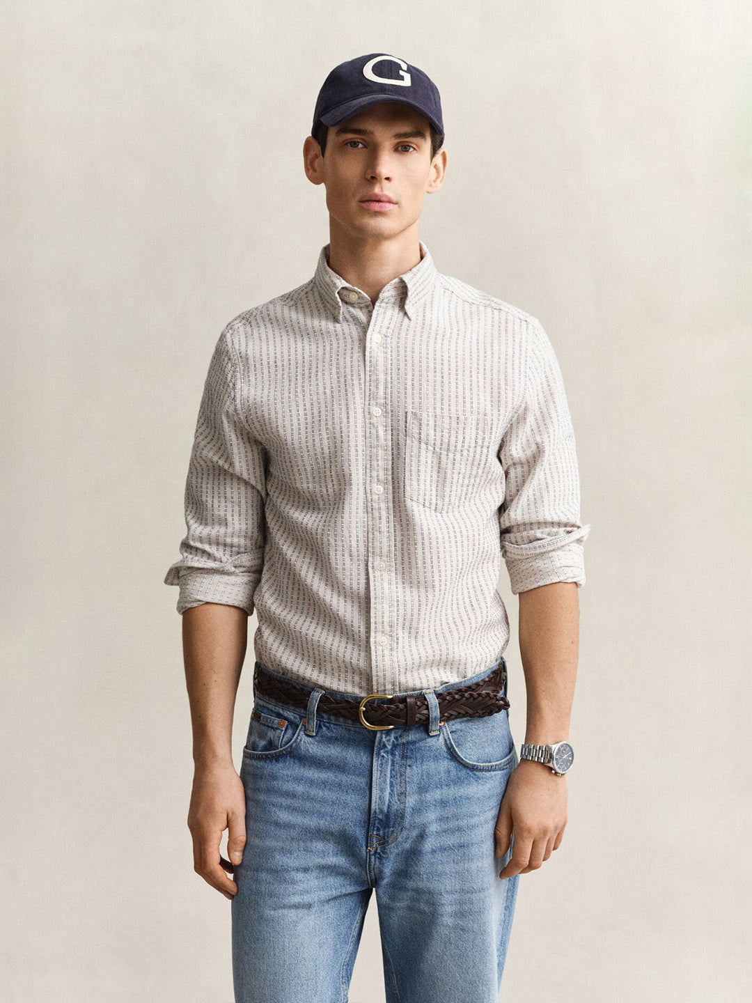 Gant Men Beige Striped Regular Fit Cotton Linen Shirt