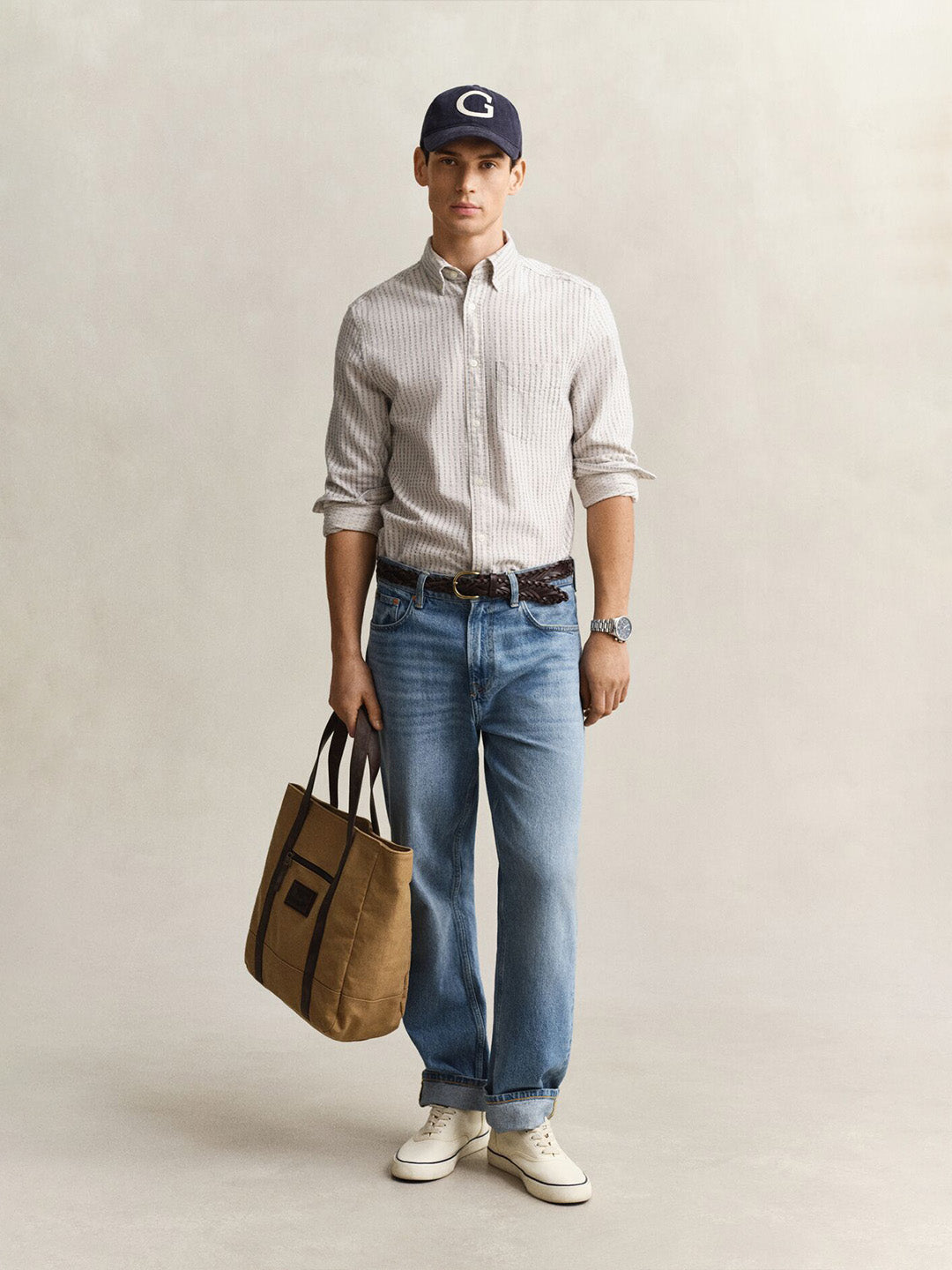 Gant Men Beige Striped Regular Fit Cotton Linen Shirt