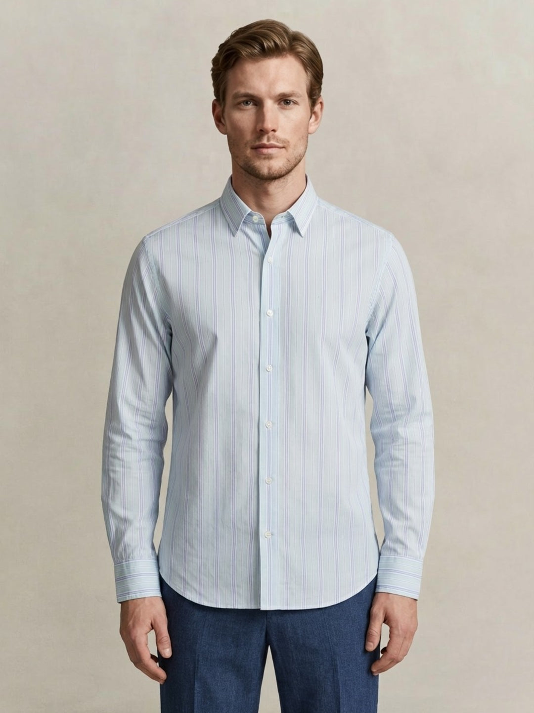 Gant Men Pure Cotton Light Blue Dobby Striped Shirt