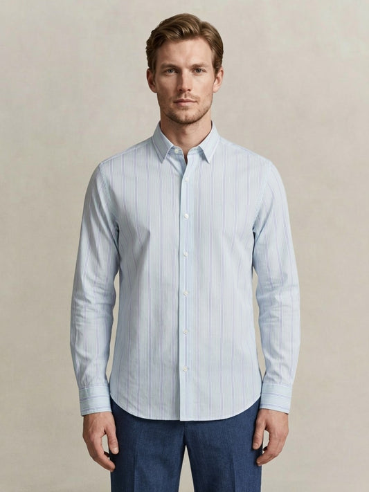 Gant Men Pure Cotton Light Blue Dobby Striped Shirt