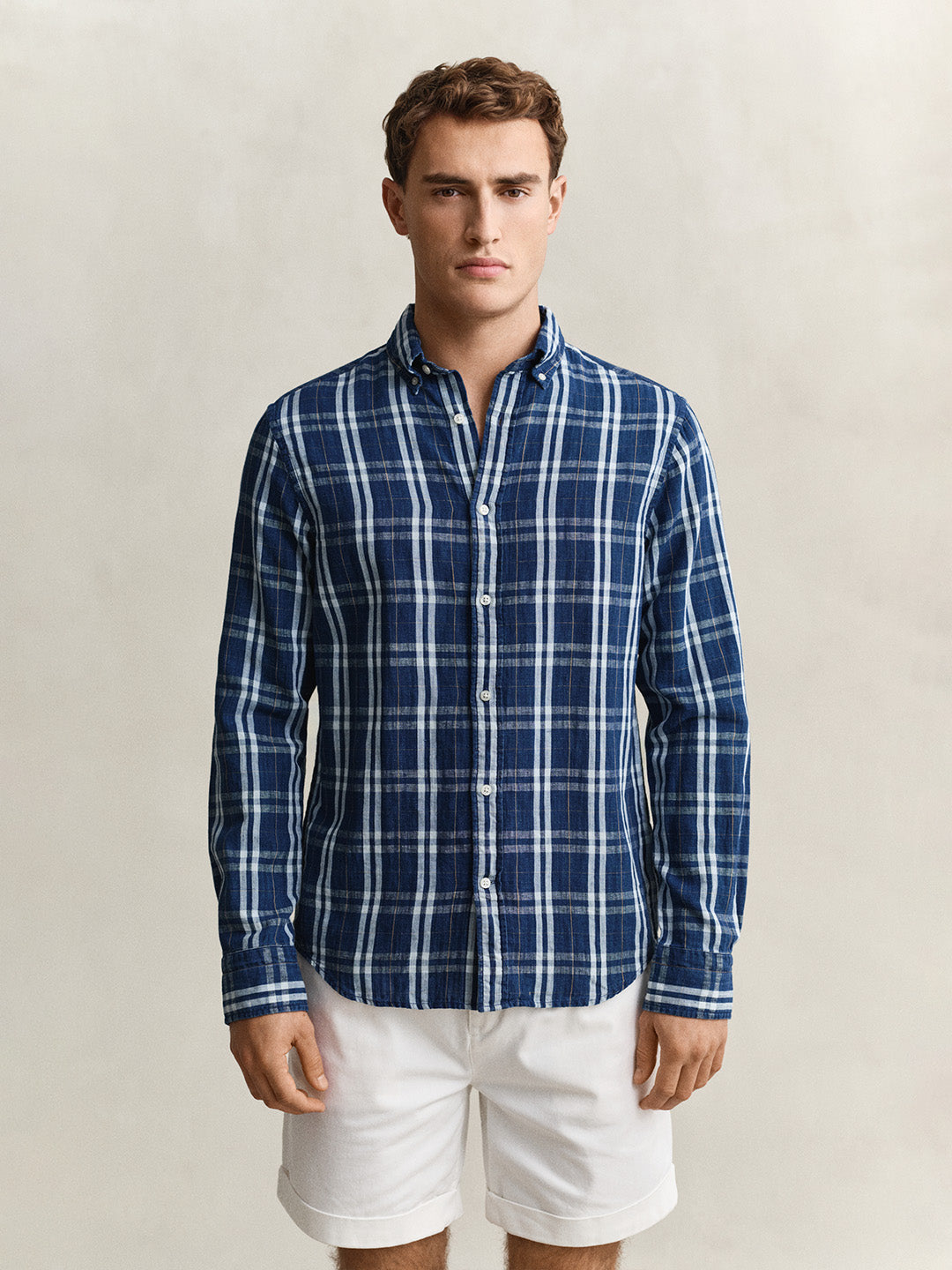 GANT Men Navy Blue Check Linen Blend Shirt