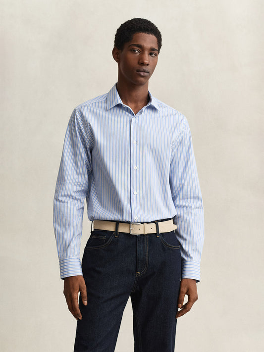 Gant Men Blue Striped Regular Fit Poplin Shirt