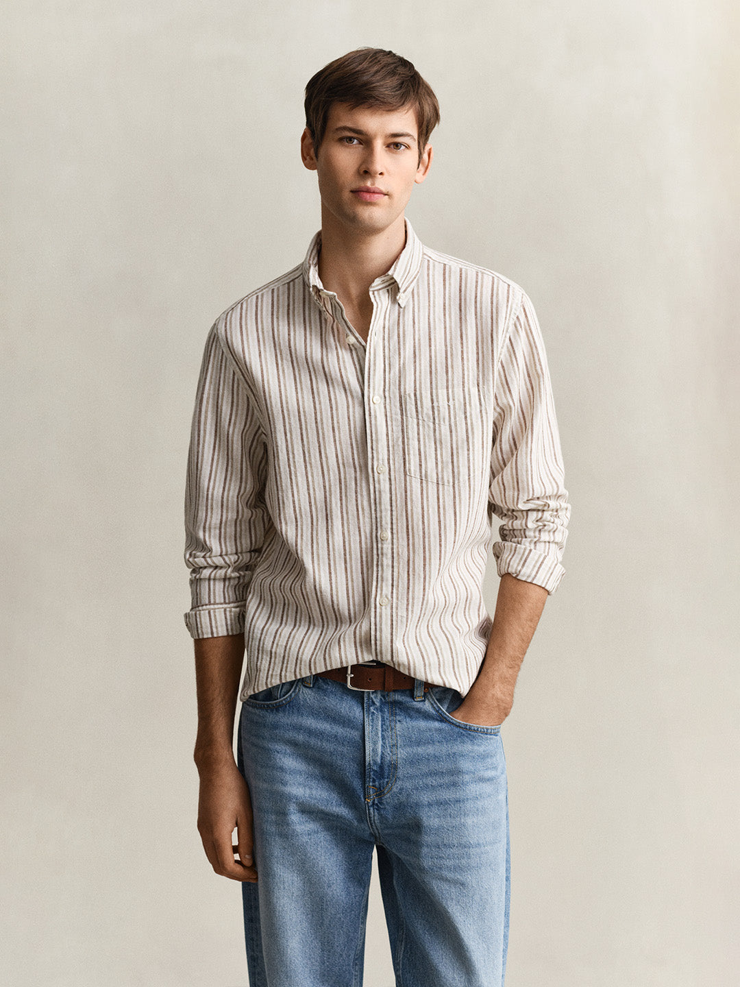 Gant Men Beige Striped Regular Fit Cotton Linen Shirt