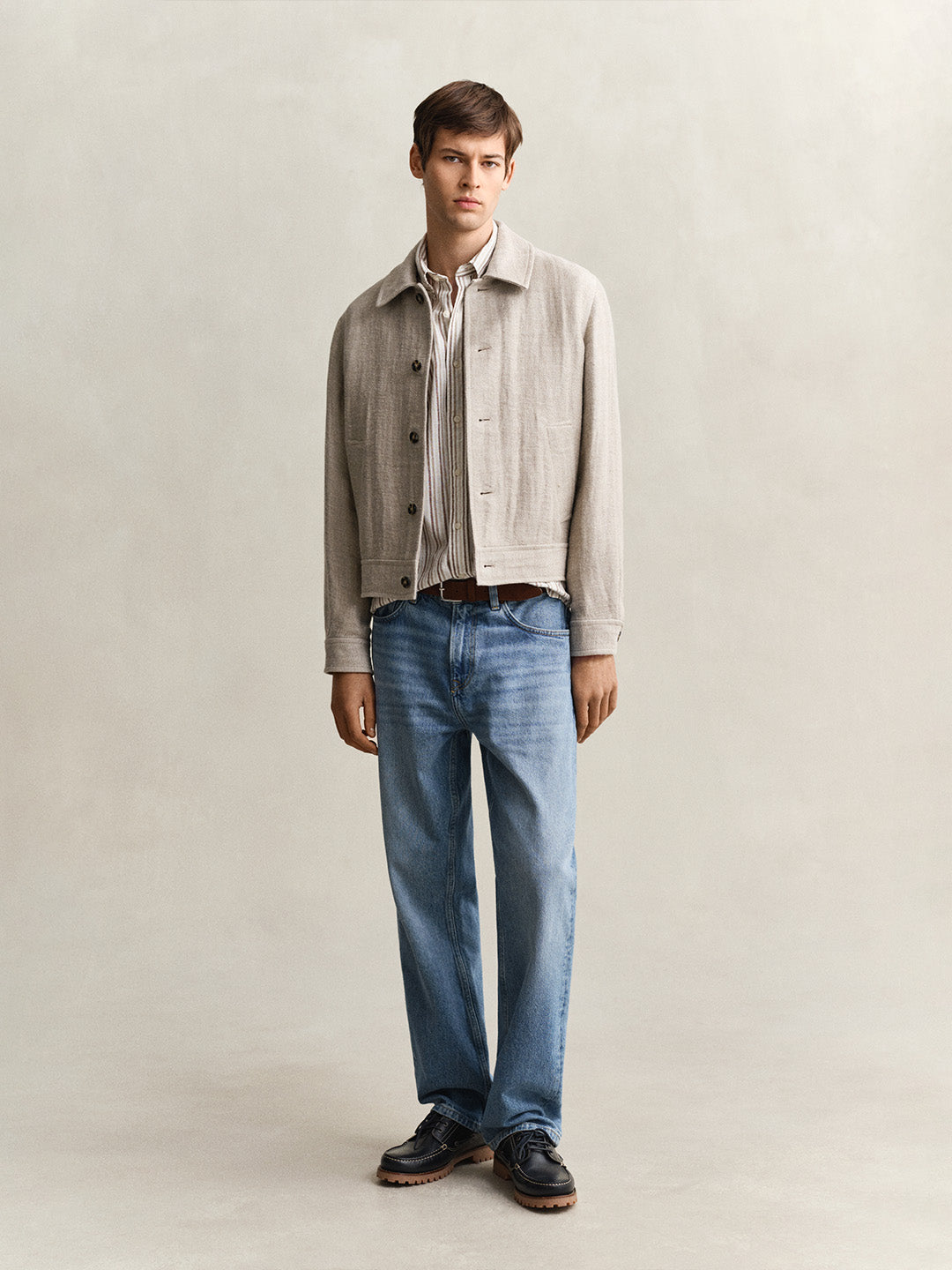 Gant Men Beige Striped Regular Fit Cotton Linen Shirt