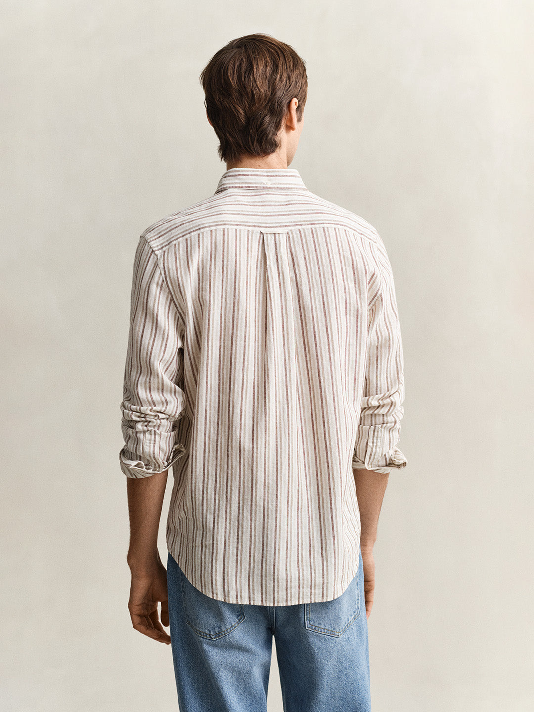 Gant Men Beige Striped Regular Fit Cotton Linen Shirt