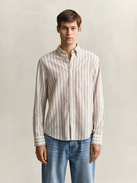 Gant Men Beige Striped Regular Fit Cotton Linen Shirt