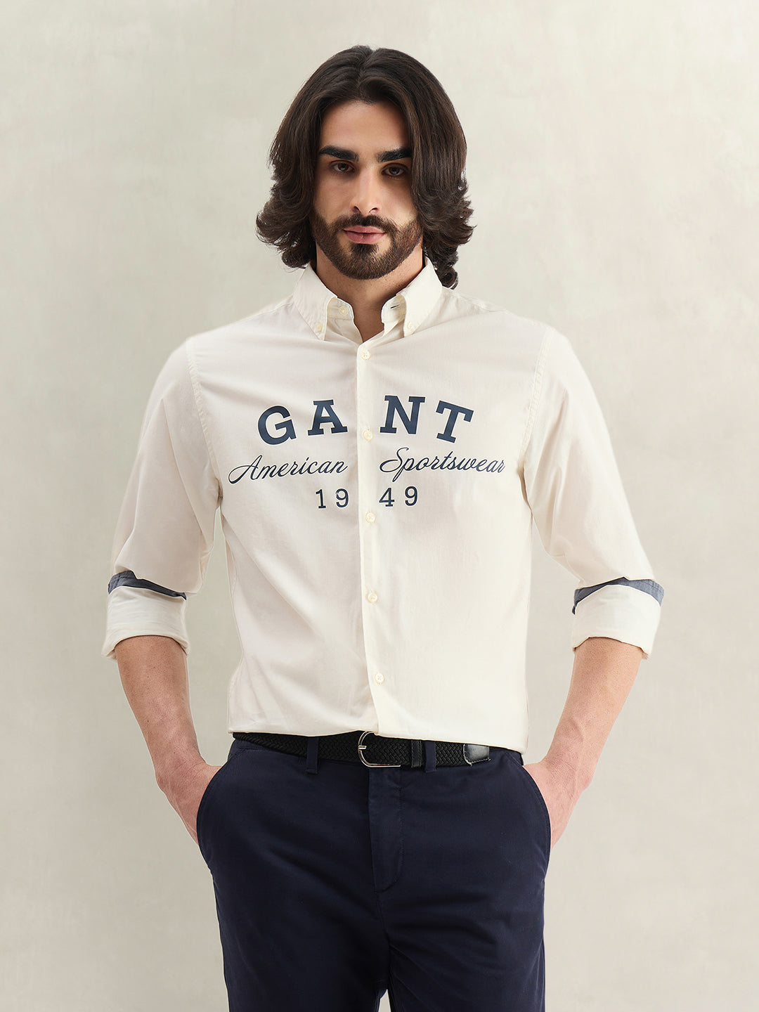 Gant Men Printed Off White Shirt