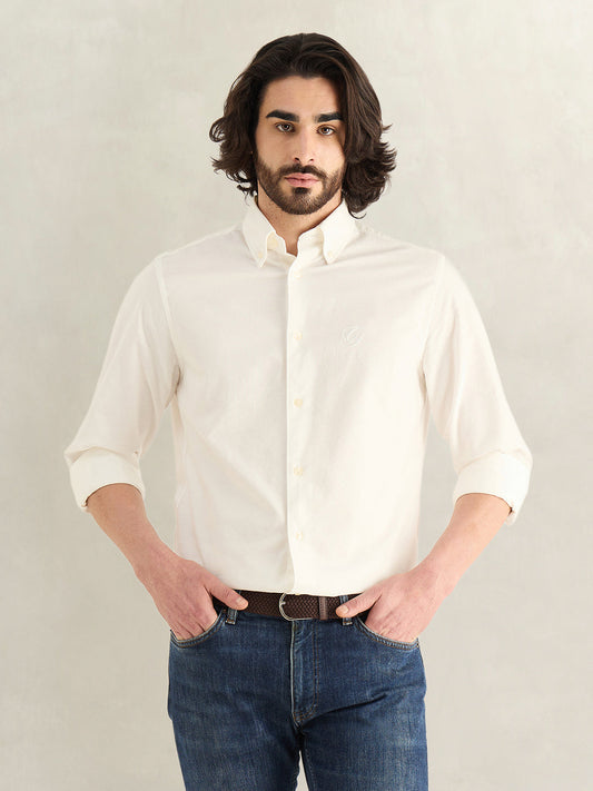 Gant Men Off White Solid Regular Fit Pure Cotton Shirt