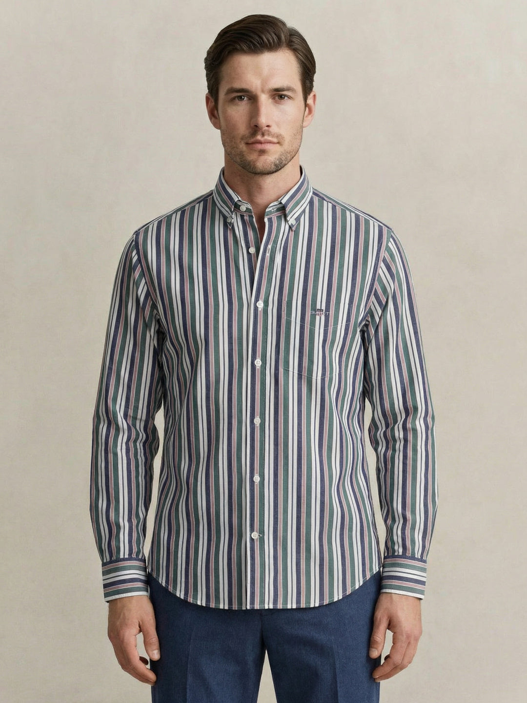 Gant Men Poplin Green Striped Collar Shirt