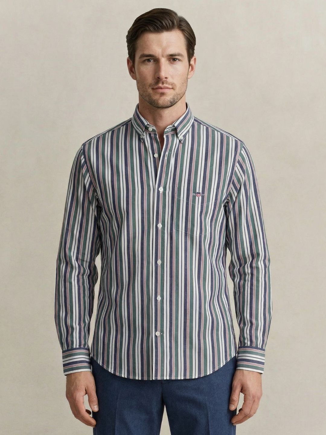 Gant Men Green Striped Regular Fit Poplin Shirt