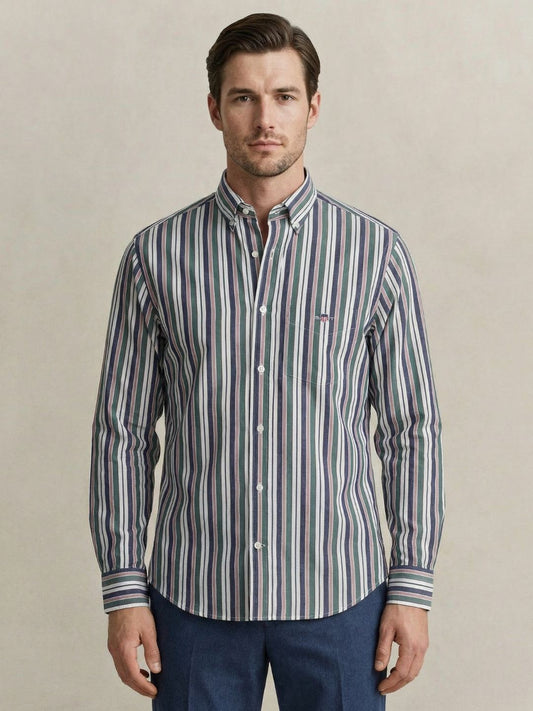 Gant Men Green Striped Regular Fit Poplin Shirt