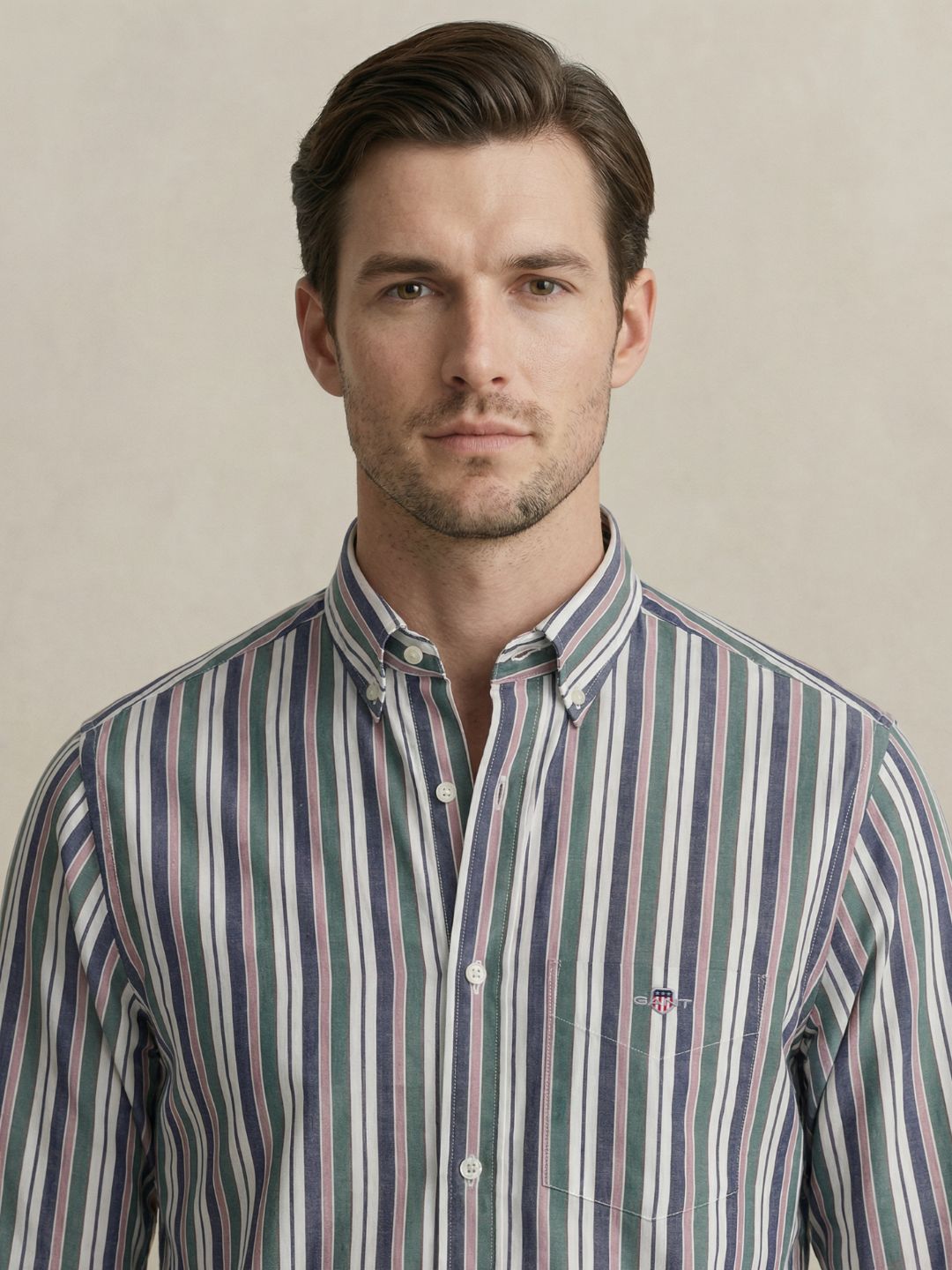 Gant Men Green Striped Regular Fit Poplin Shirt