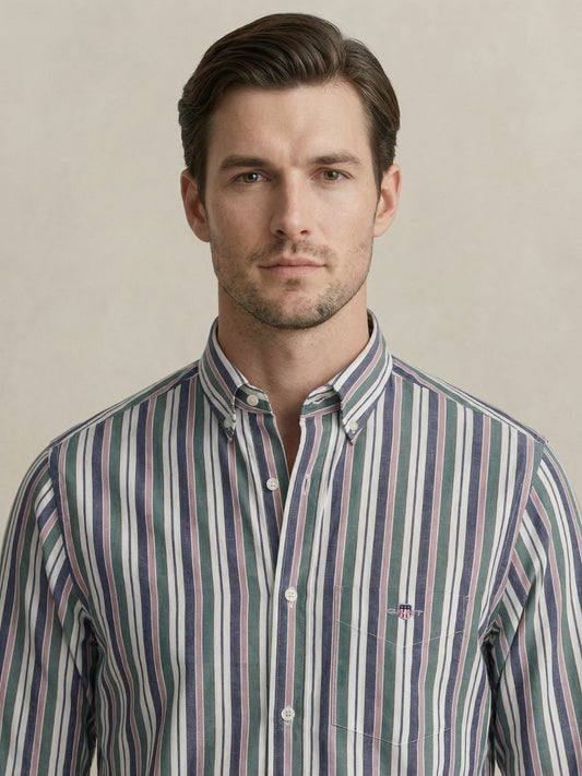Gant Men Green Striped Regular Fit Poplin Shirt