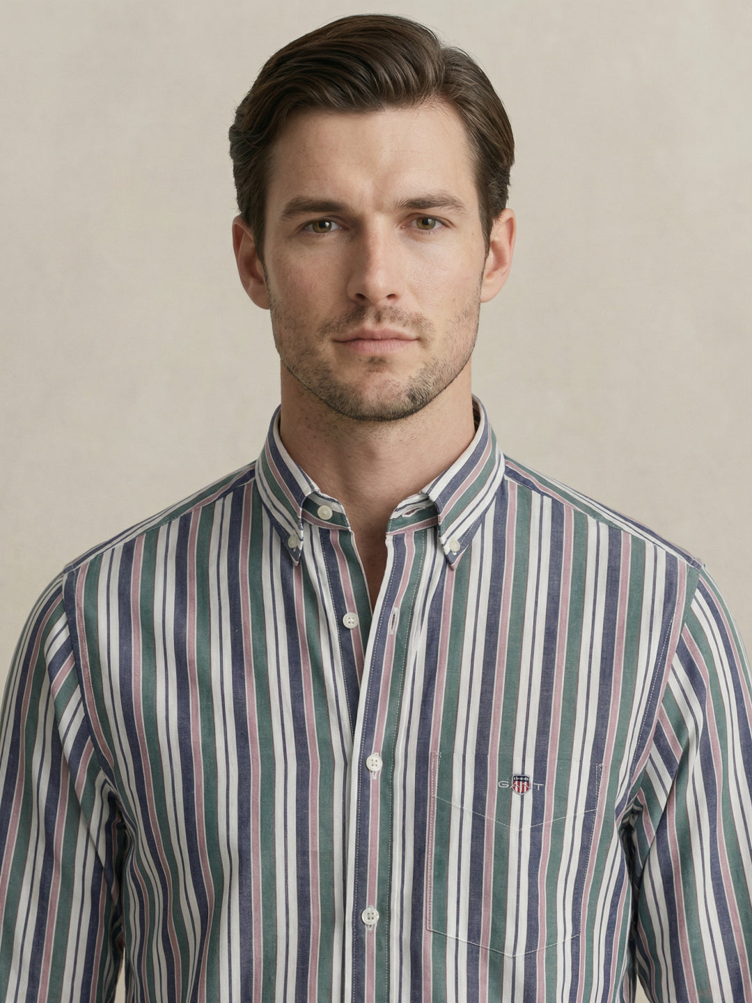 Gant Men Poplin Green Striped Collar Shirt
