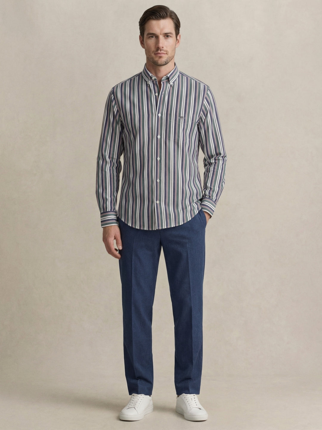 Gant Men Poplin Green Striped Collar Shirt