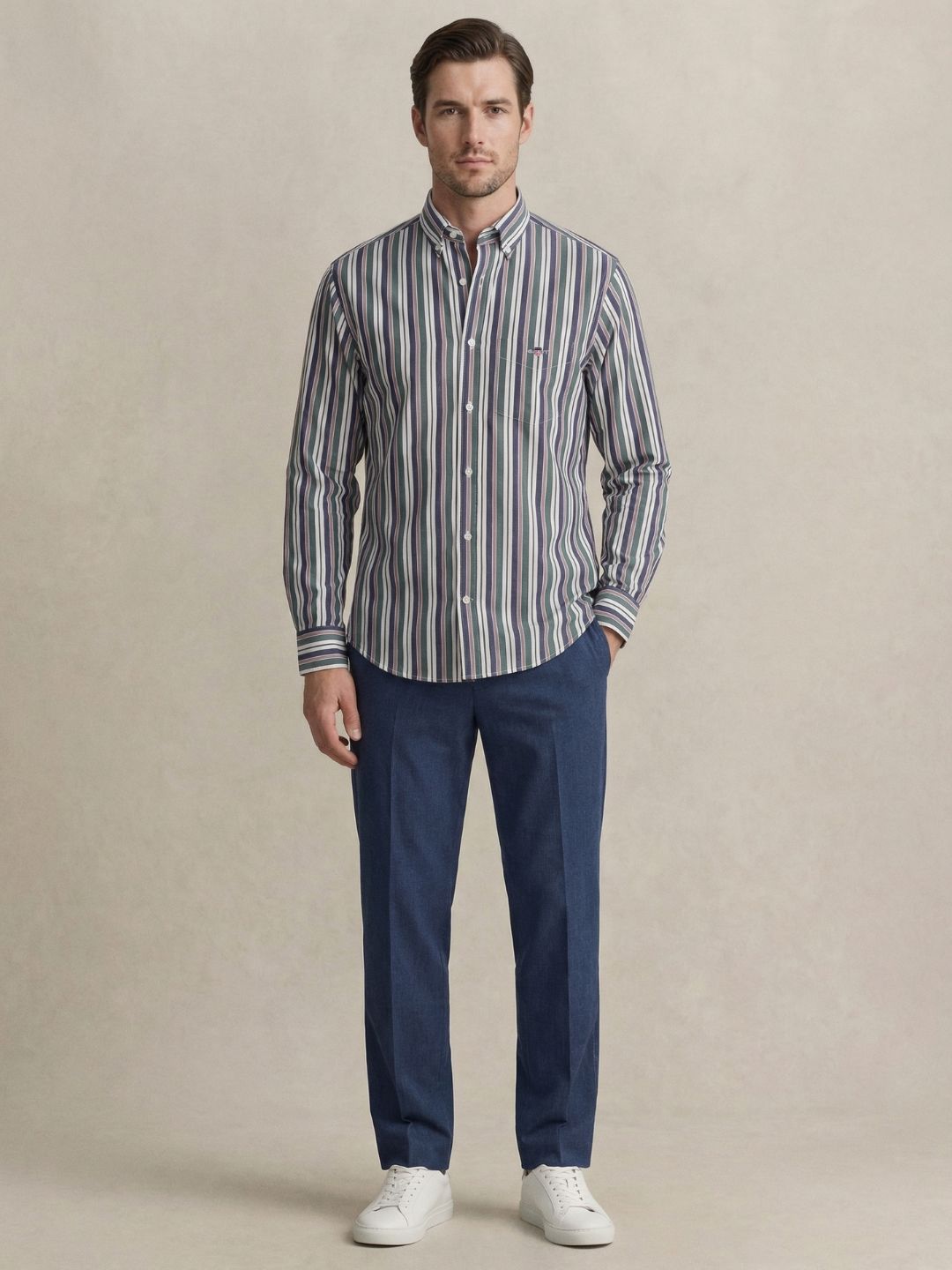 Gant Men Green Striped Regular Fit Poplin Shirt