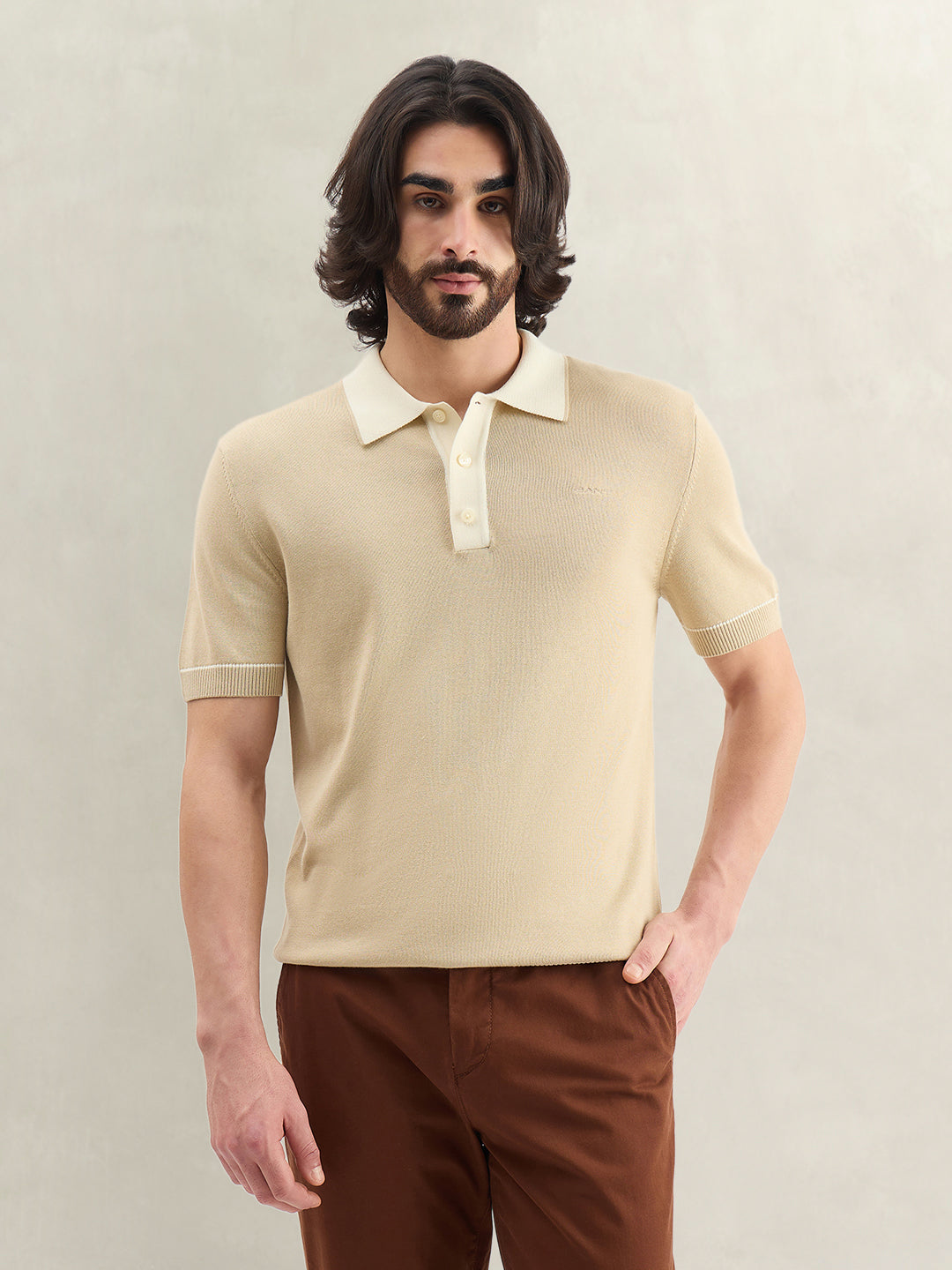 Gant Men Beige Solid Regular Fit Polo T-Shirt