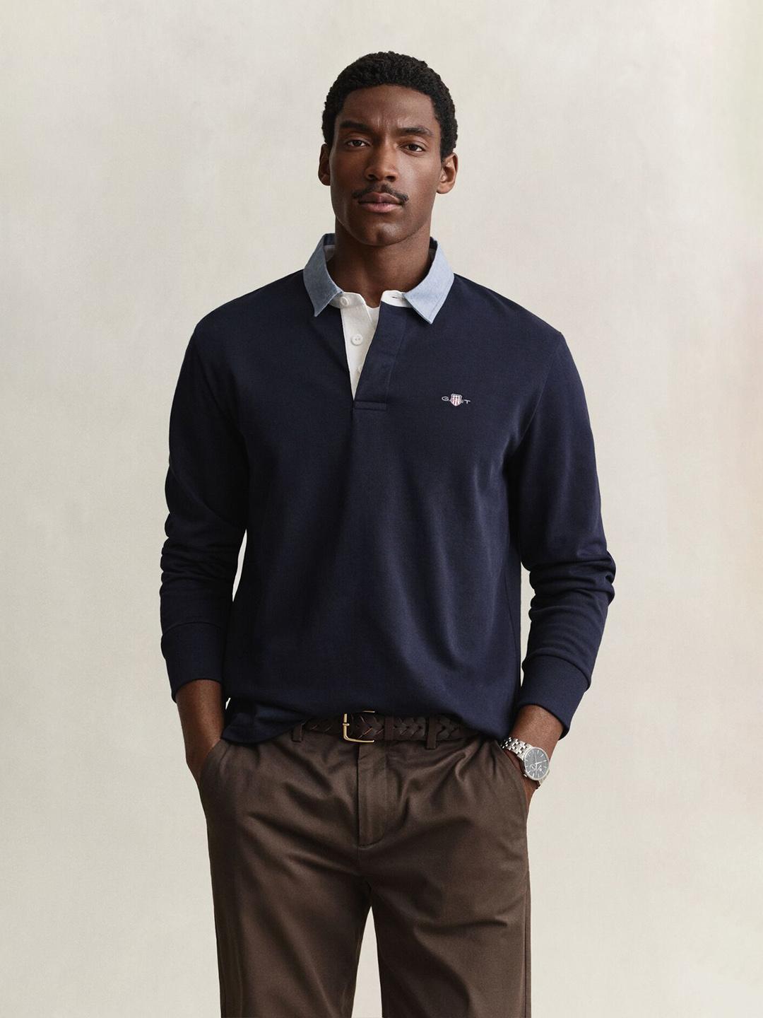 Gant Men Dark Navy Solid Regular Fit Organic Cotton Polo T-Shirt