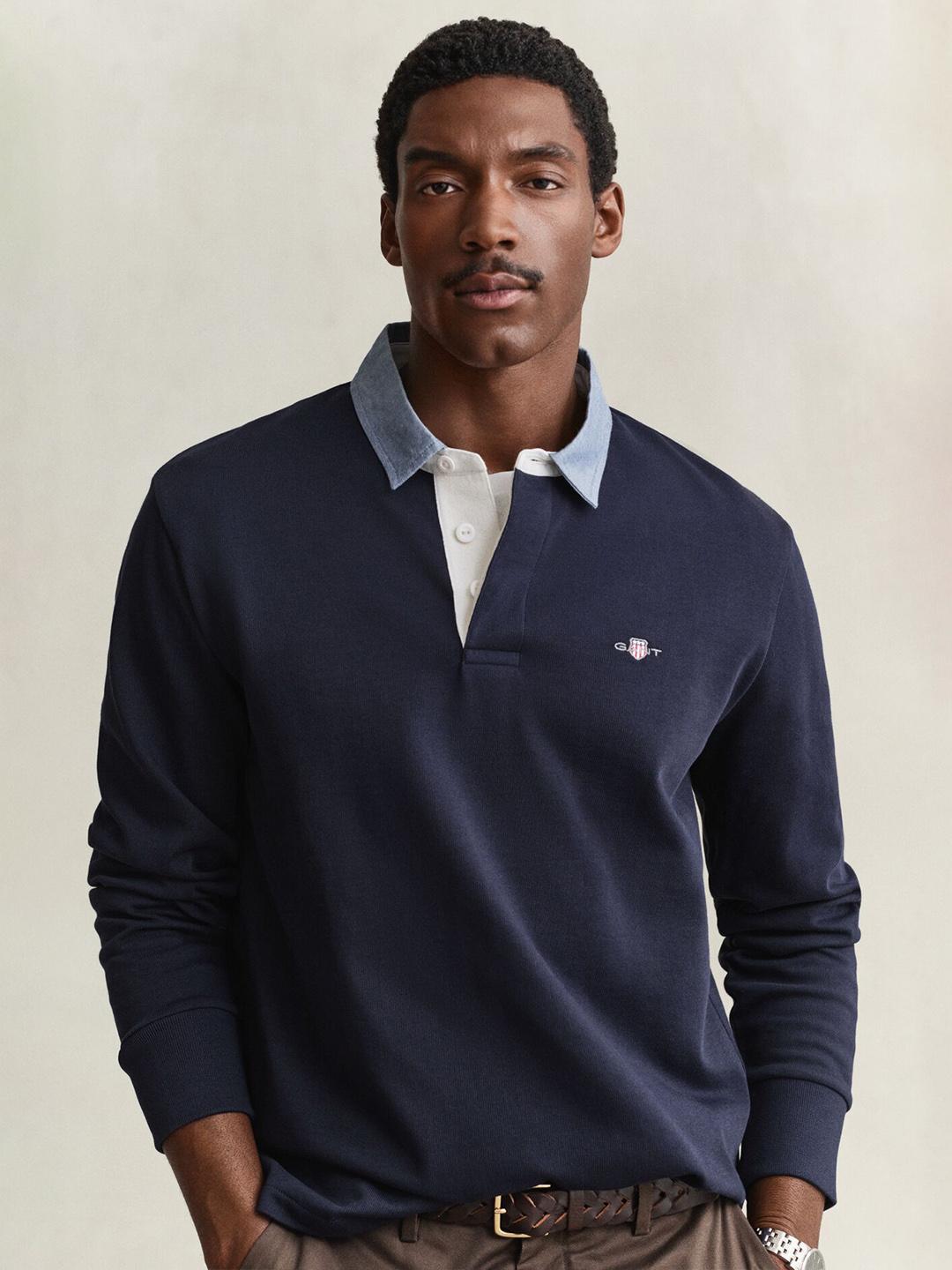 Gant Men Dark Navy Solid Regular Fit Organic Cotton Polo T-Shirt