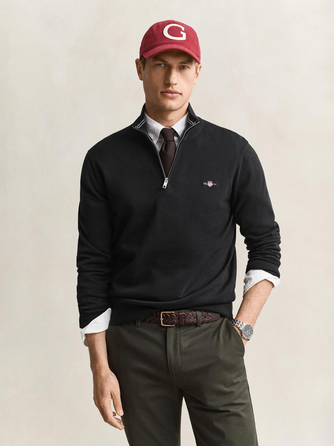 Gant Men Black Solid Regular Fit Cotton Sweater