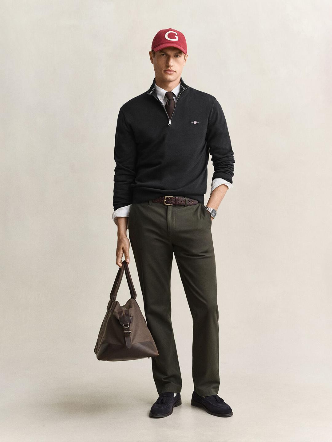 Gant Men Black Solid Regular Fit Cotton Sweater