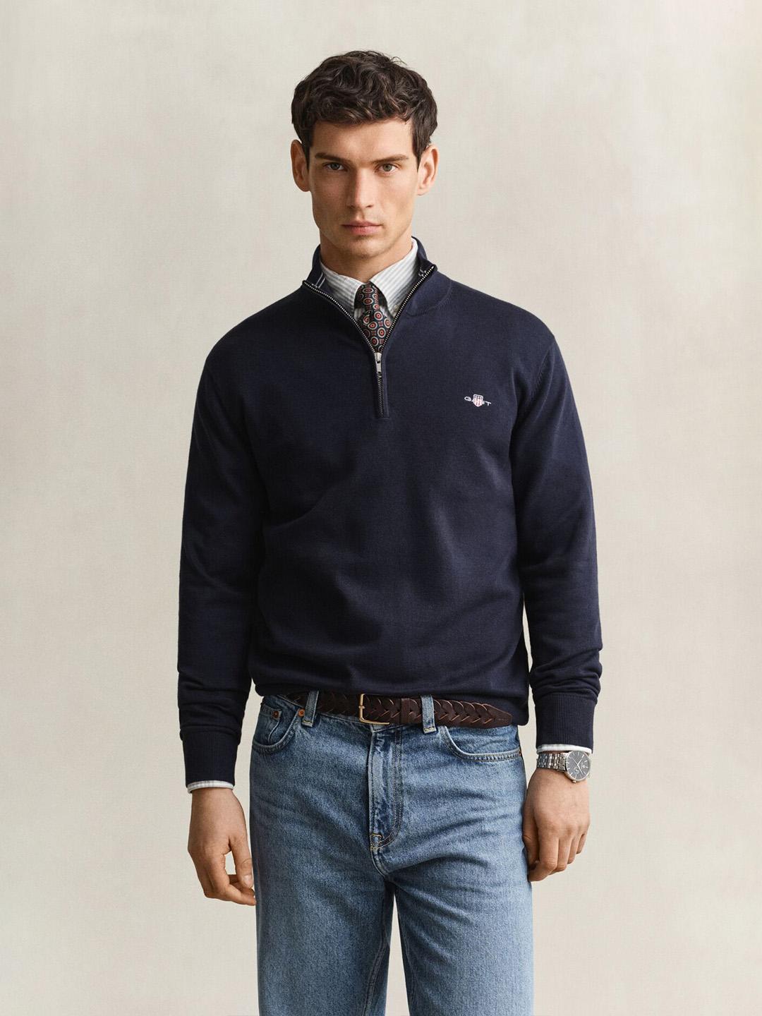 Gant Men Dark Navy Solid Regular Fit Cotton Sweater