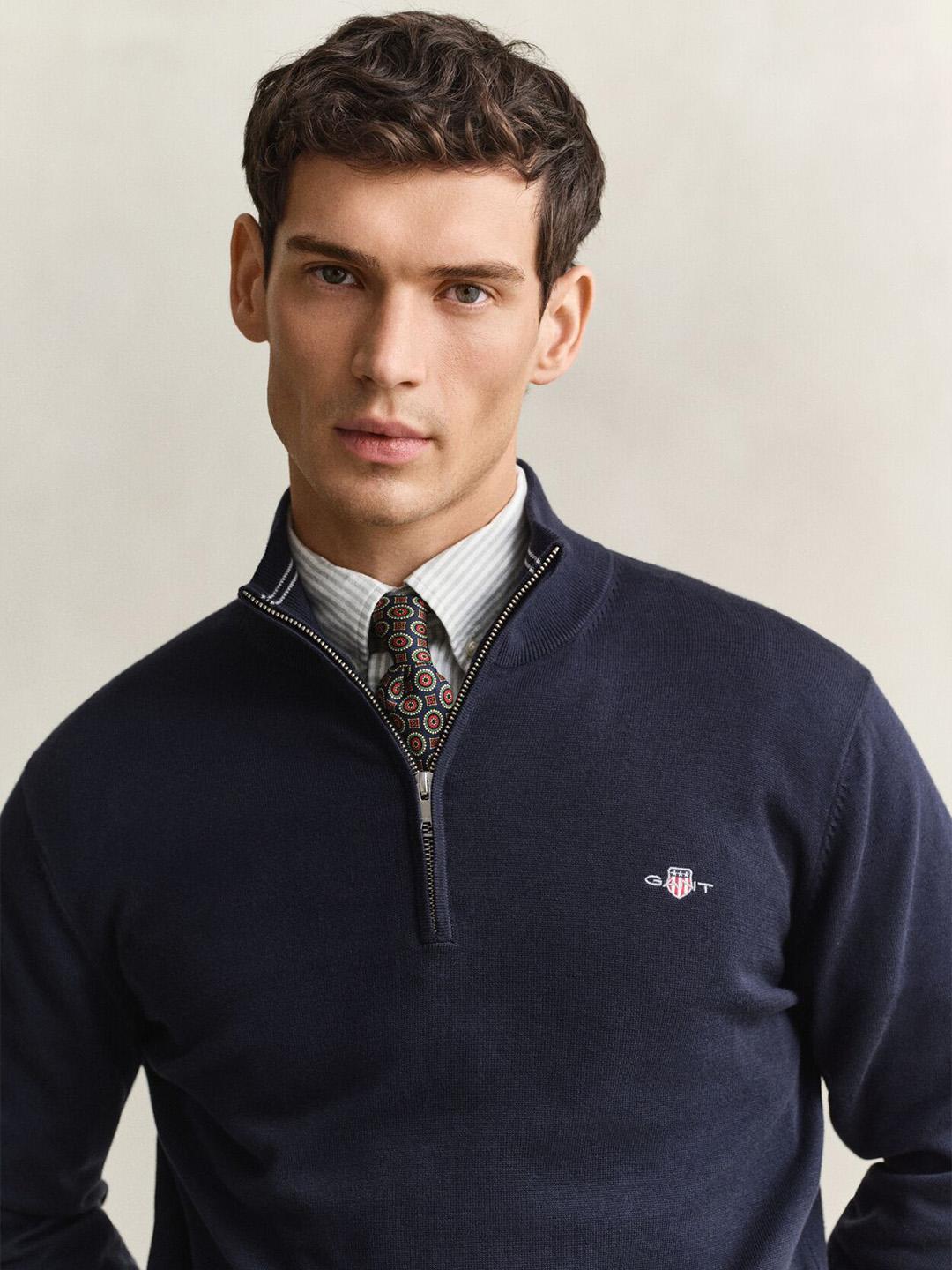 Gant Men Dark Navy Solid Regular Fit Cotton Sweater