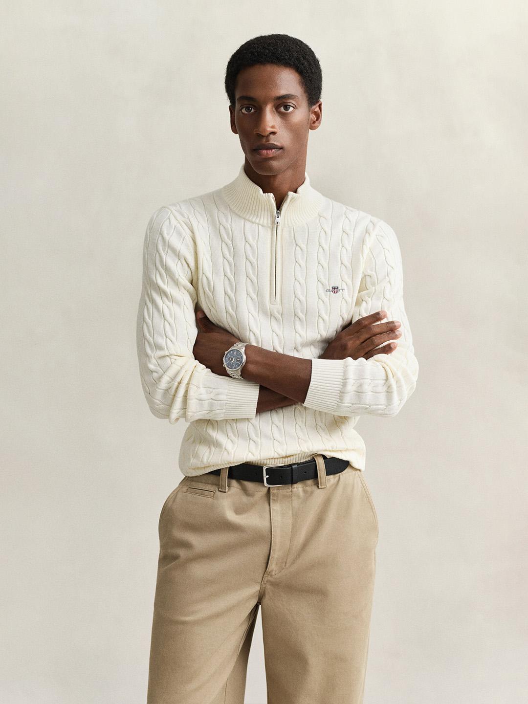 Gant Men Cream Cable Knit Regular Fit Organic Cotton Sweater