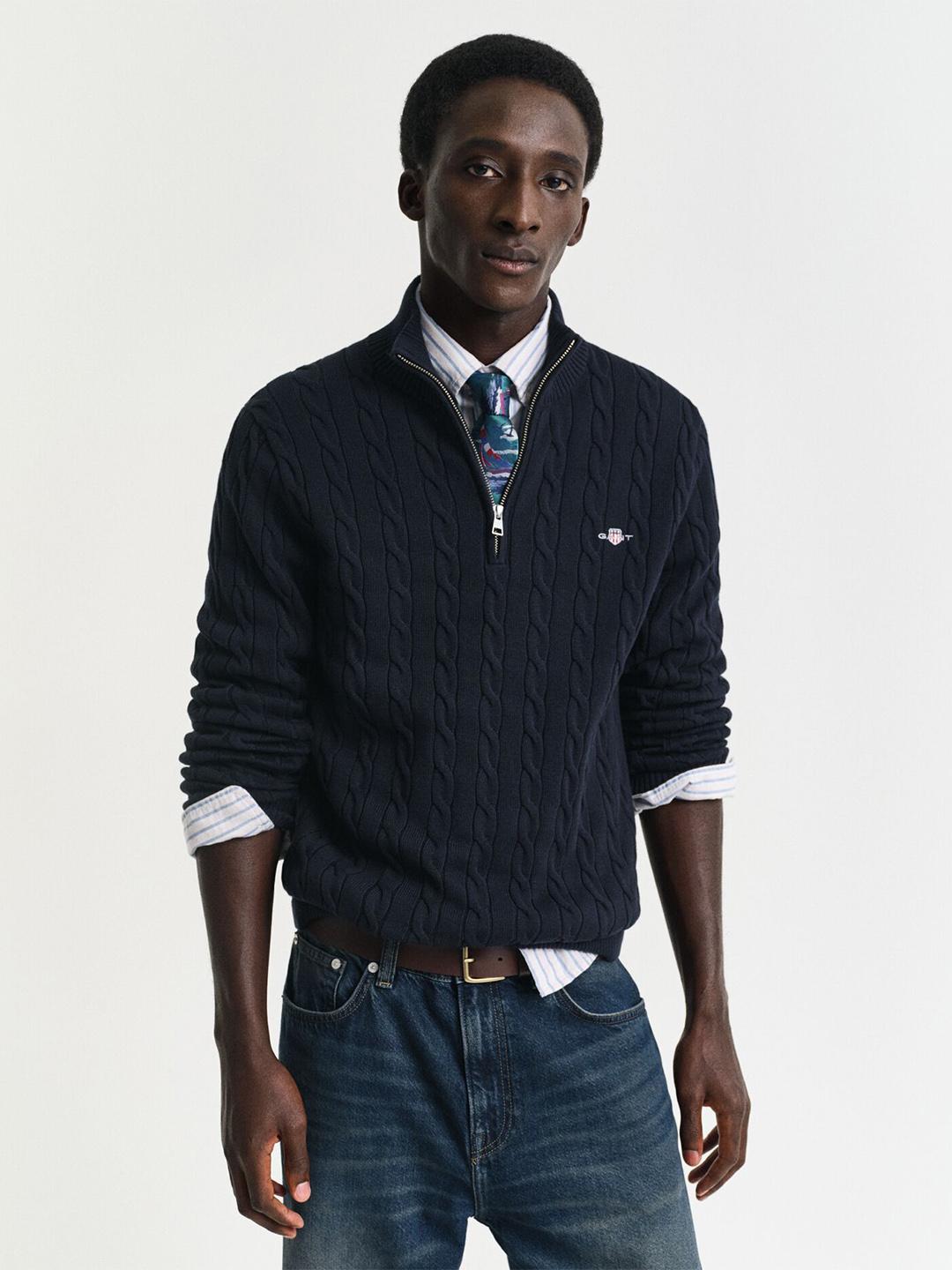 Gant Men Dark Navy Cable Knit Regular Fit Organic Cotton Sweater