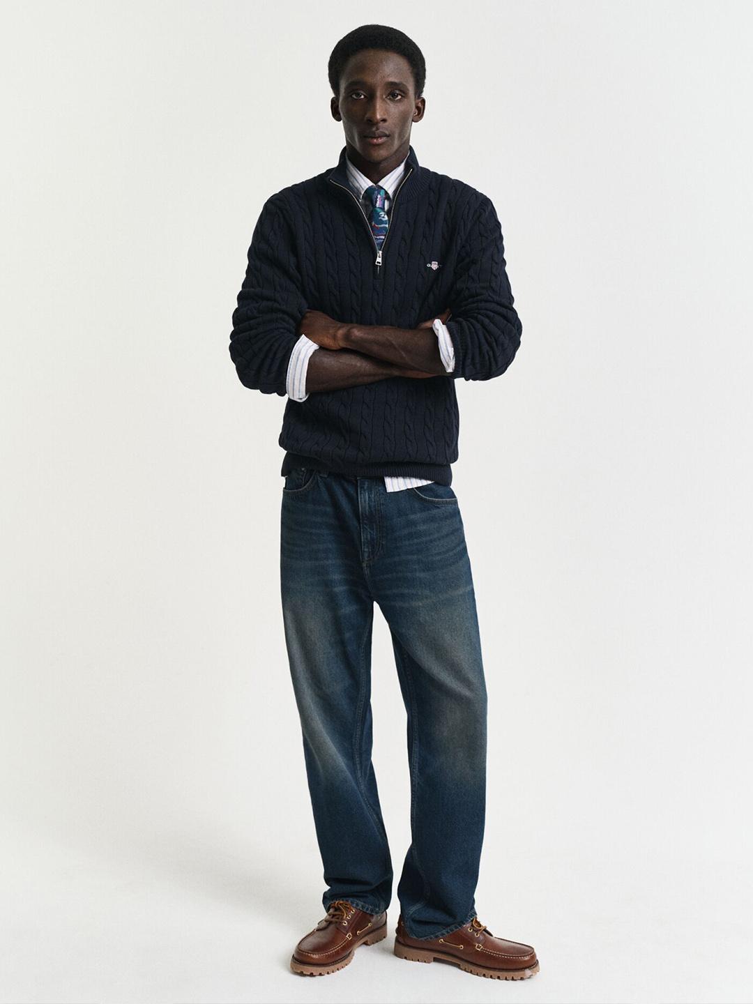 Gant Men Dark Navy Cable Knit Regular Fit Organic Cotton Sweater