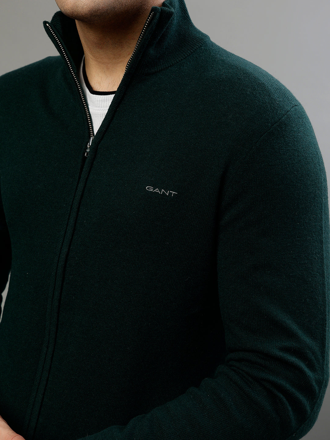 Gant Solid Green High Neck Full Sleeve Sweater