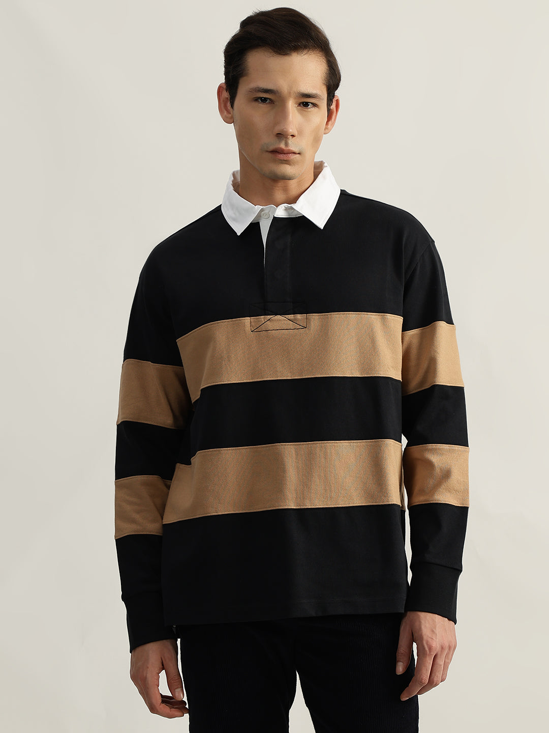 Shop Gant Men Black Striped Polo Collar Full Sleeves T-Shirt