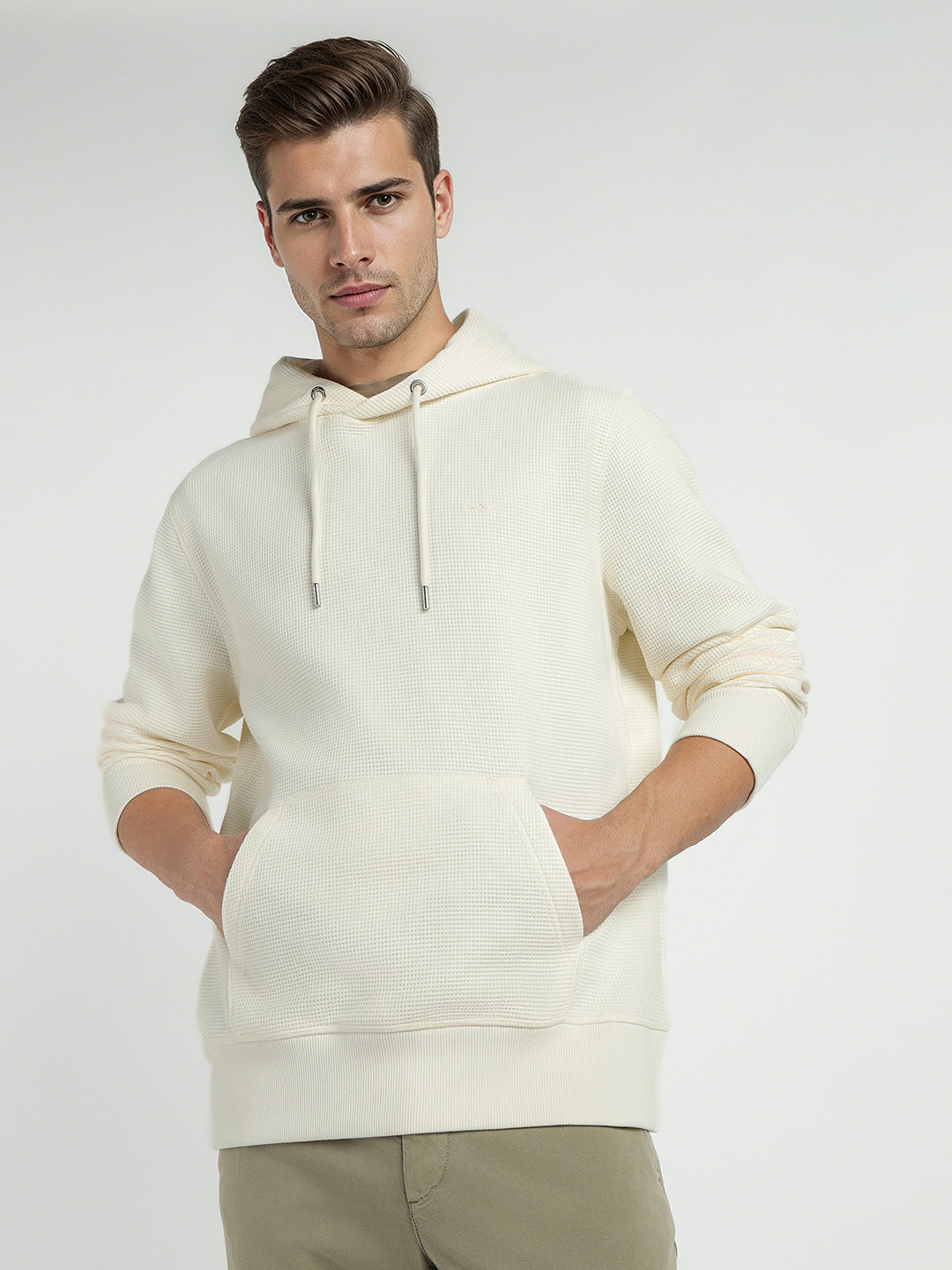 Gant Men Cream Solid Hooded Full Sleeves Pullover Style Sweatshirt