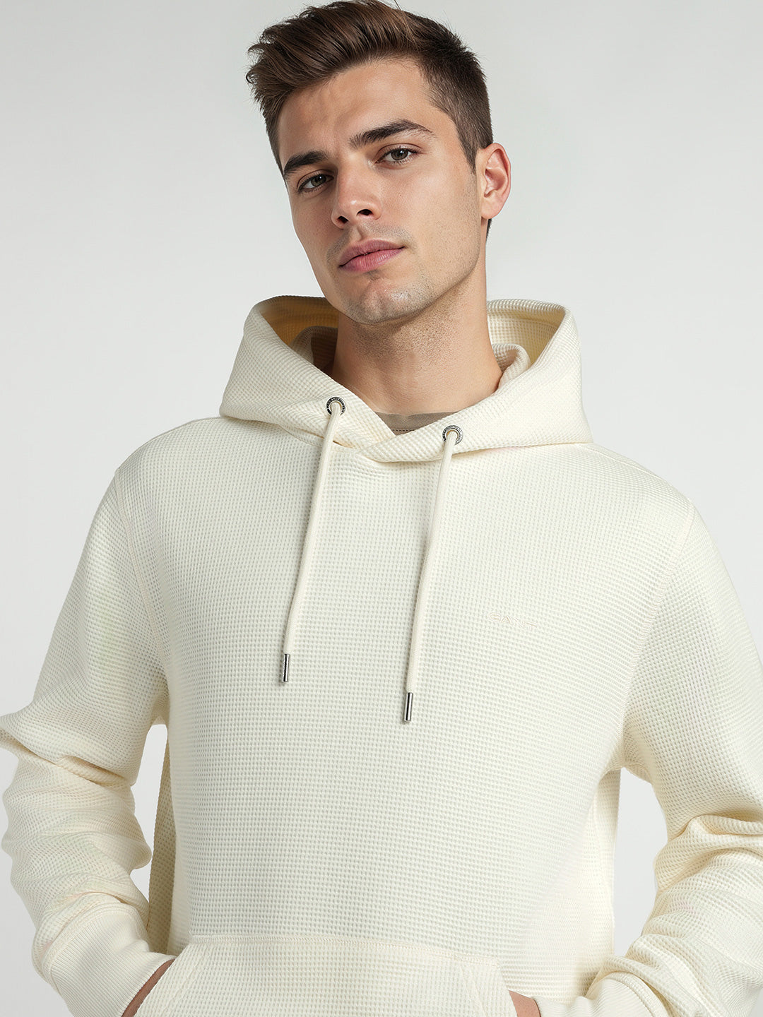 Gant Men Cream Solid Hooded Full Sleeves Pullover Style Sweatshirt