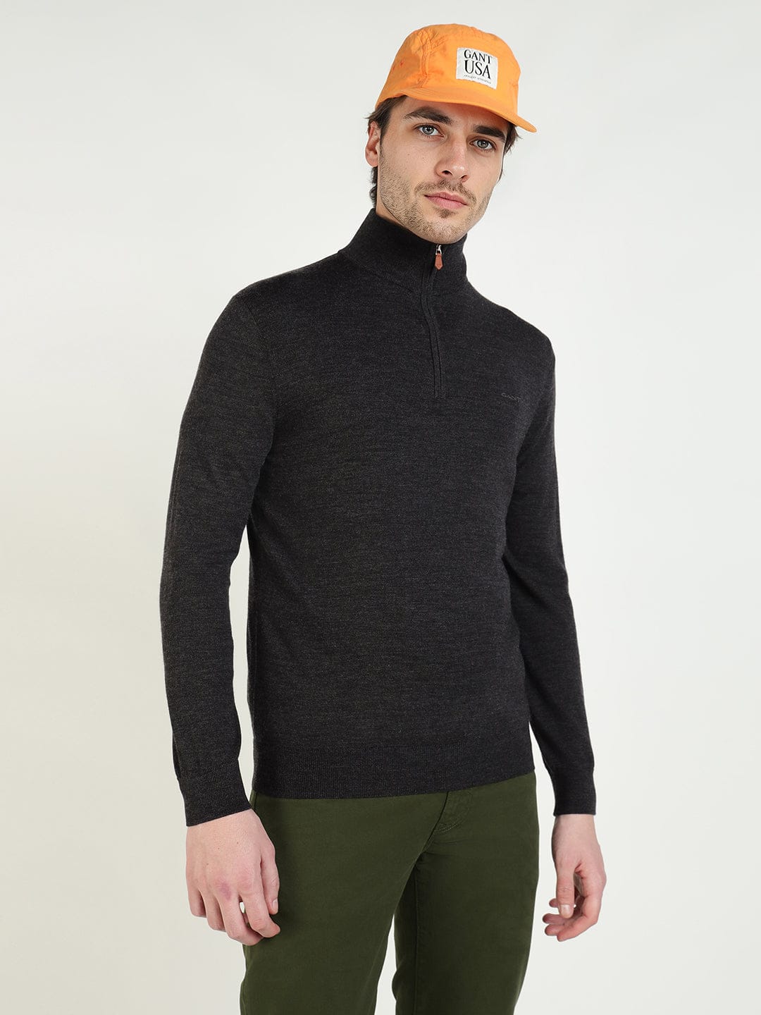 Gant Men Grey Solid Half Zip Sweater