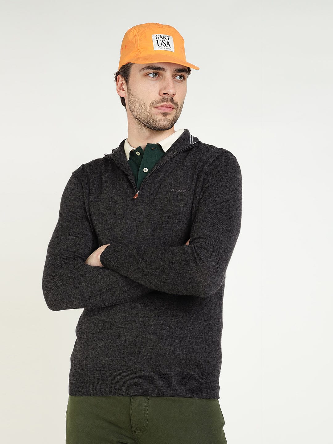 Gant Men Grey Solid Half Zip Sweater