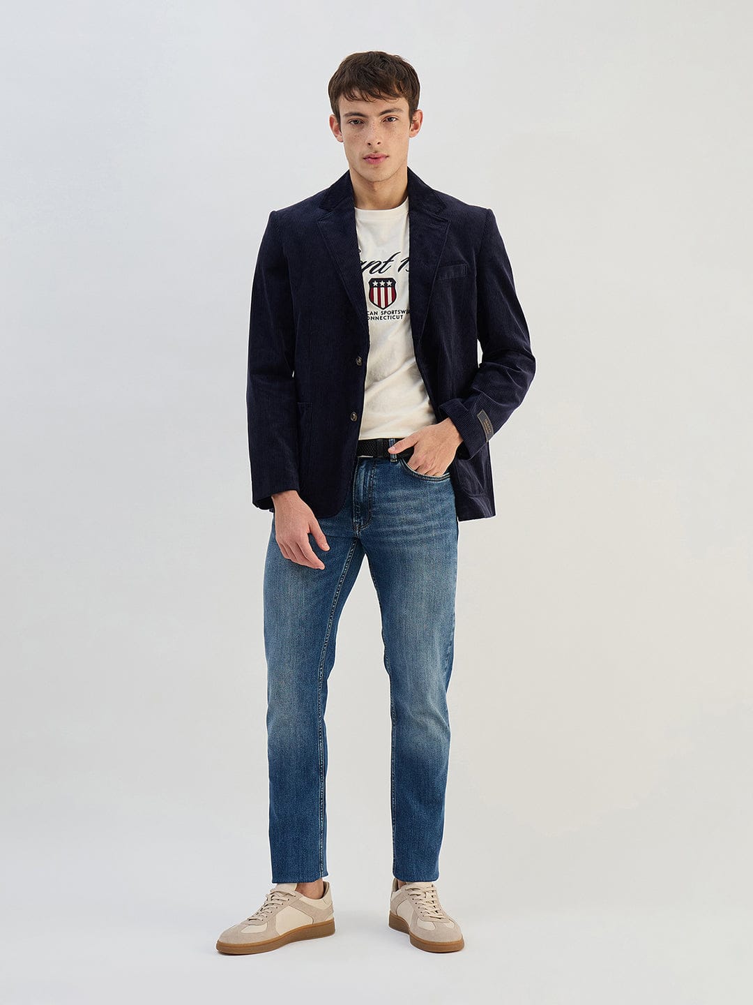 Gant Men Off White Solid Pure Cotton Round Neck T Shirt