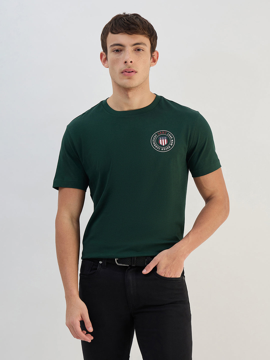 Gant Men Green Solid Pure Cotton Round Neck T Shirt