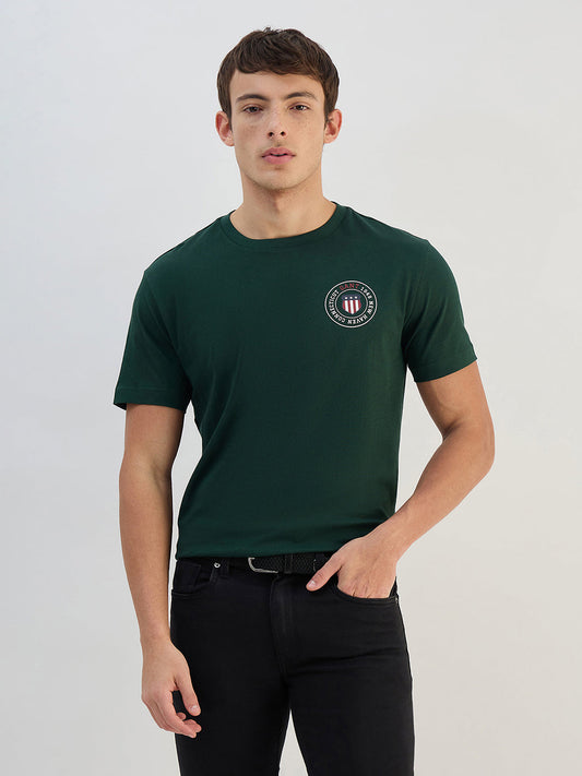 Gant Men Green Solid Pure Cotton Round Neck T Shirt