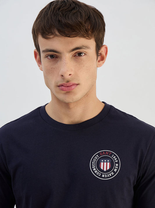 Gant Men Navy Blue Solid Pure Cotton Round Neck T Shirt
