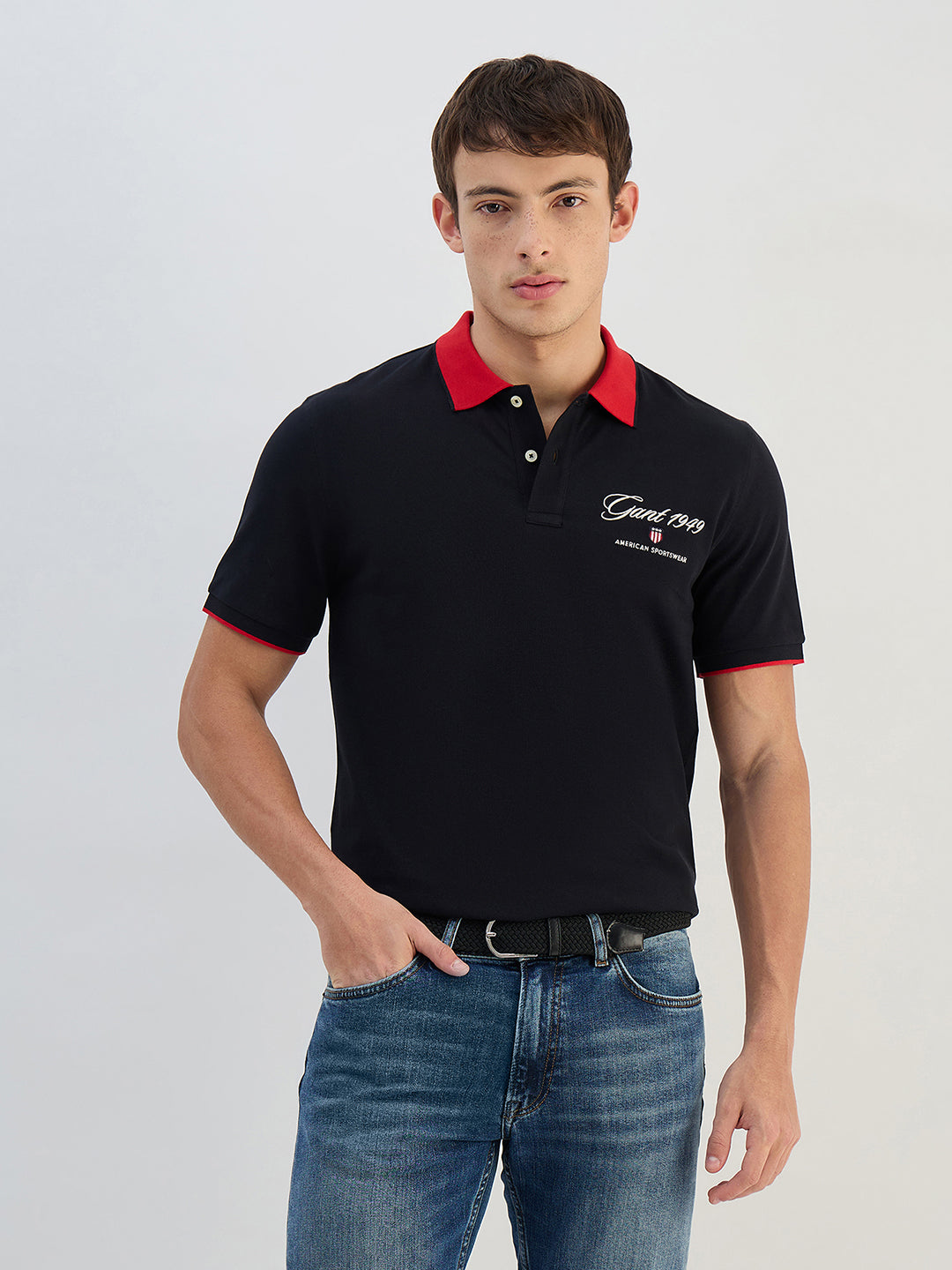 Gant Men Black Solid Pure Cotton  Polo Collar T-Shirt