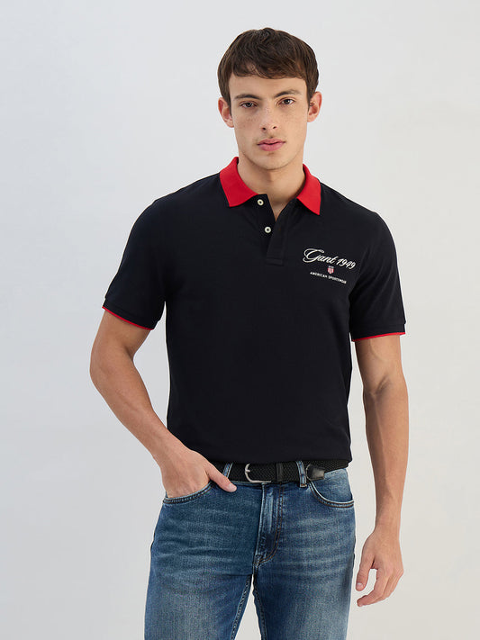 Gant Men Black Solid Pure Cotton  Polo Collar T-Shirt