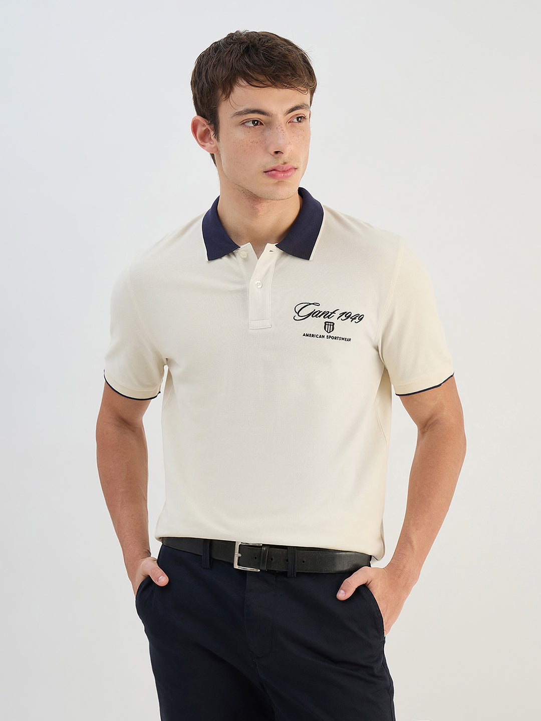 Gant Men Off White Solid Pure Cotton Polo Collar T-Shirt