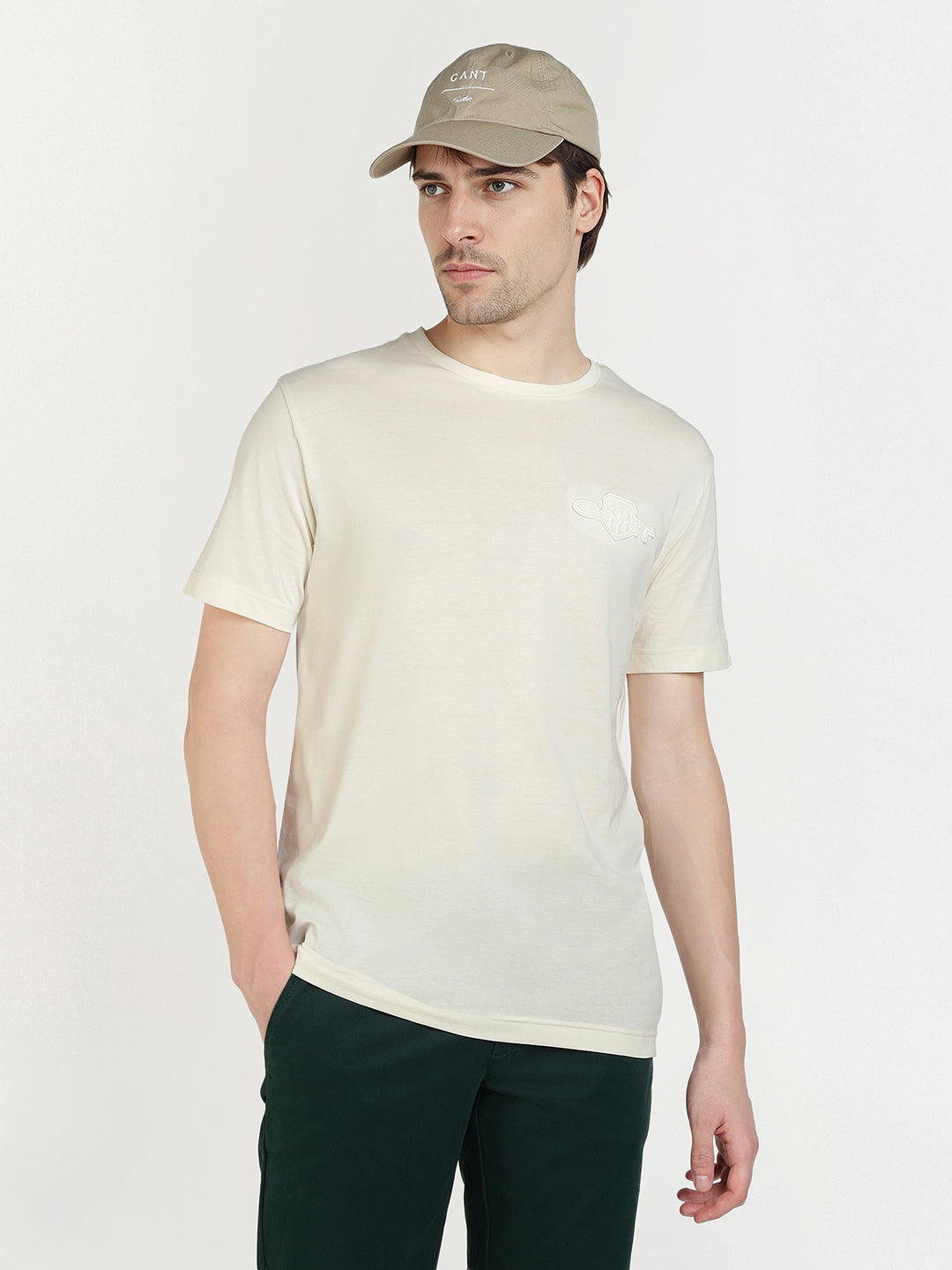 Gant Men Cream Solid Crew Neck Tshirt