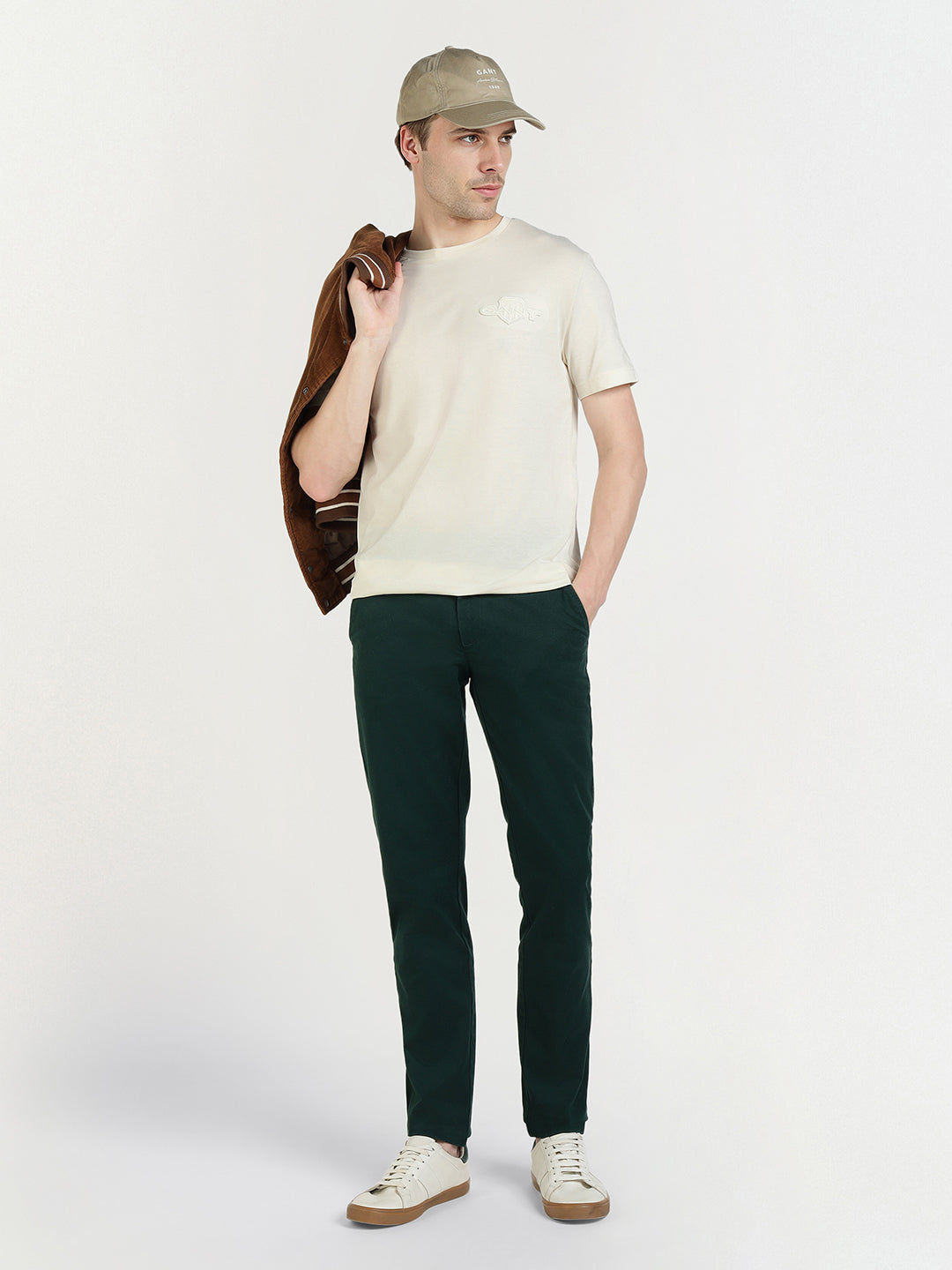 Gant Men Cream Solid Crew Neck Tshirt